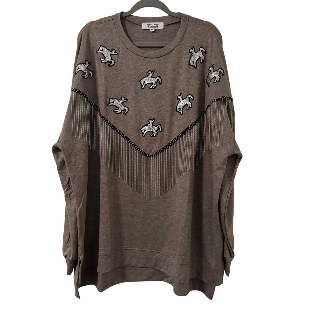 Rowdy Crowd Clothing Top 3XL Taupe‎ Sequin Bronc Fringe Western Festival